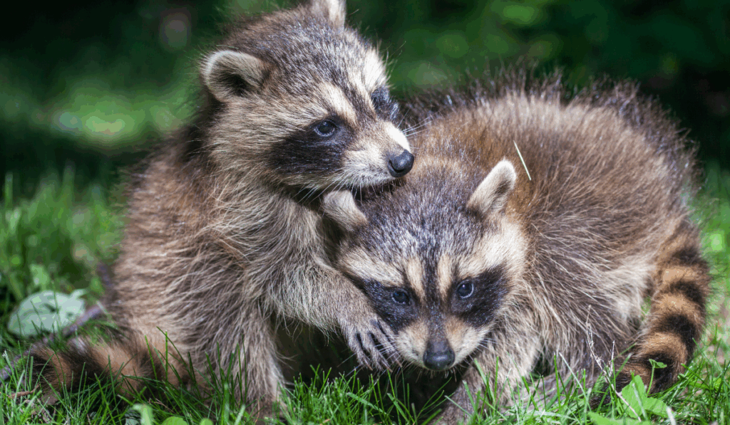 Two young baby raccoons playing together in a grassy area outdoors.