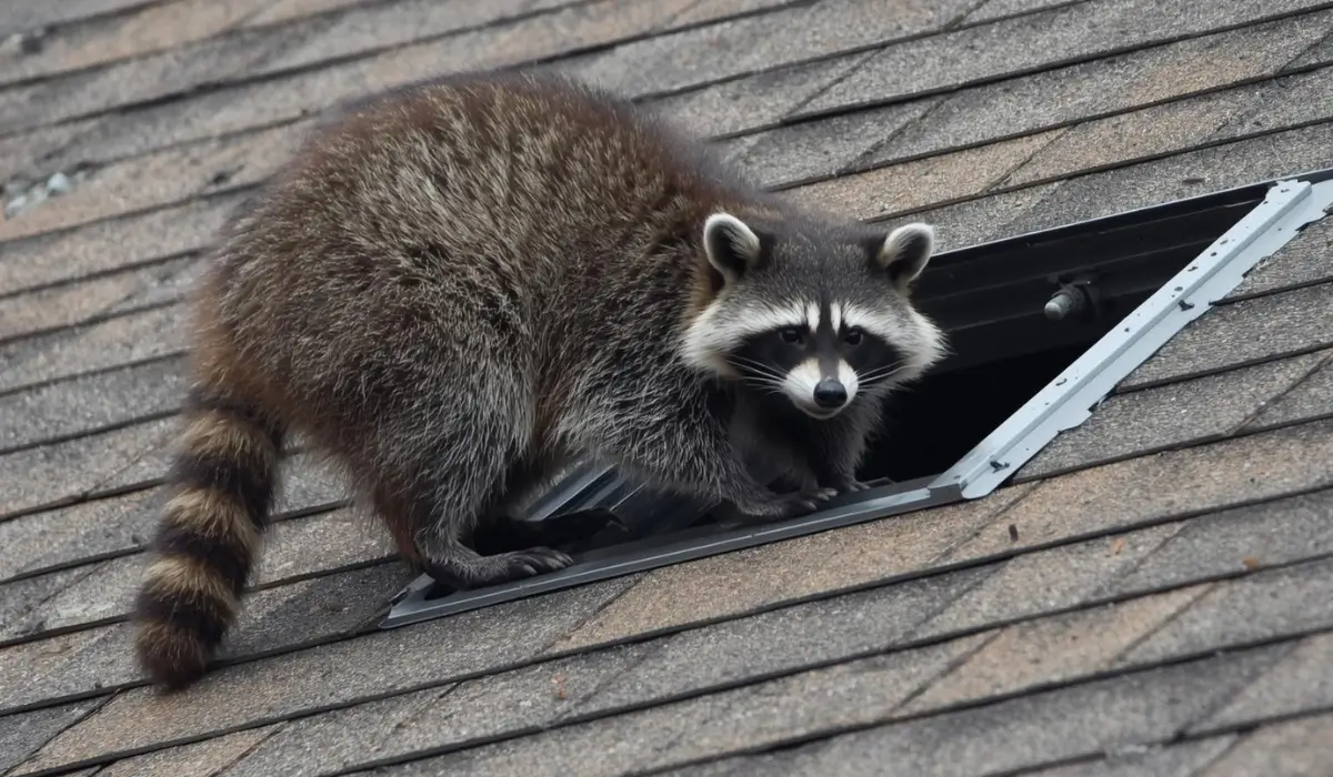 Raccoon entering uncovered attic vent shows wildlife in vents threat during colder Naperville winter months.