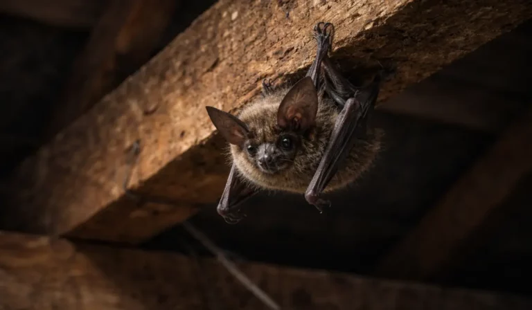 Bat hanging from attic beam in winter, showing how bats invade homes seeking warmth.