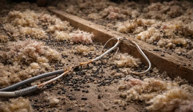 Chewed attic wiring and droppings reveal Winter Wildlife Dangers threatening home safety during colder months.