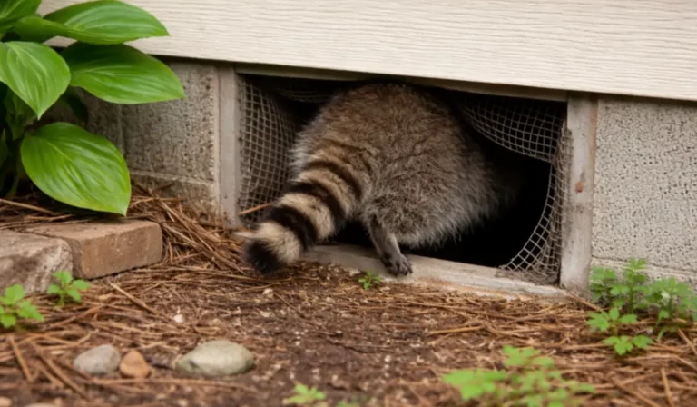 Raccoon entering crawlspace vent during rain causing Basement Invasions and structural risks for residential properties.