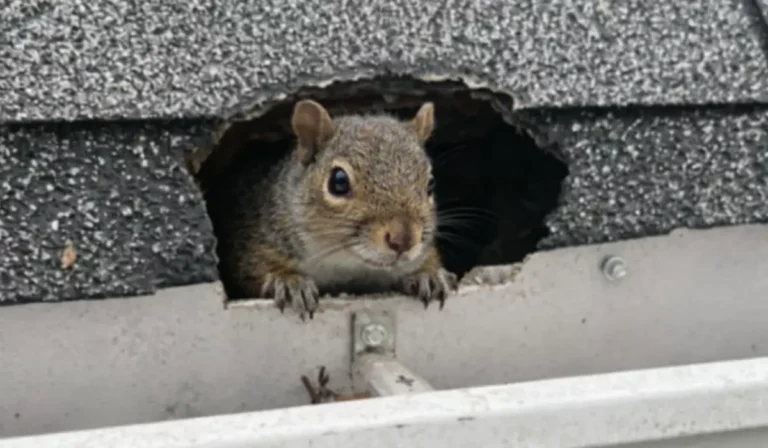 Squirrel entering roof opening showing spring squirrel nesting risk and need for early attic prevention measures.