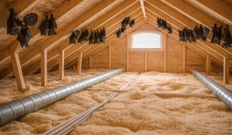 Bat exclusion showing large bat colony roosting along attic rafters inside residential roof structure with insulation.