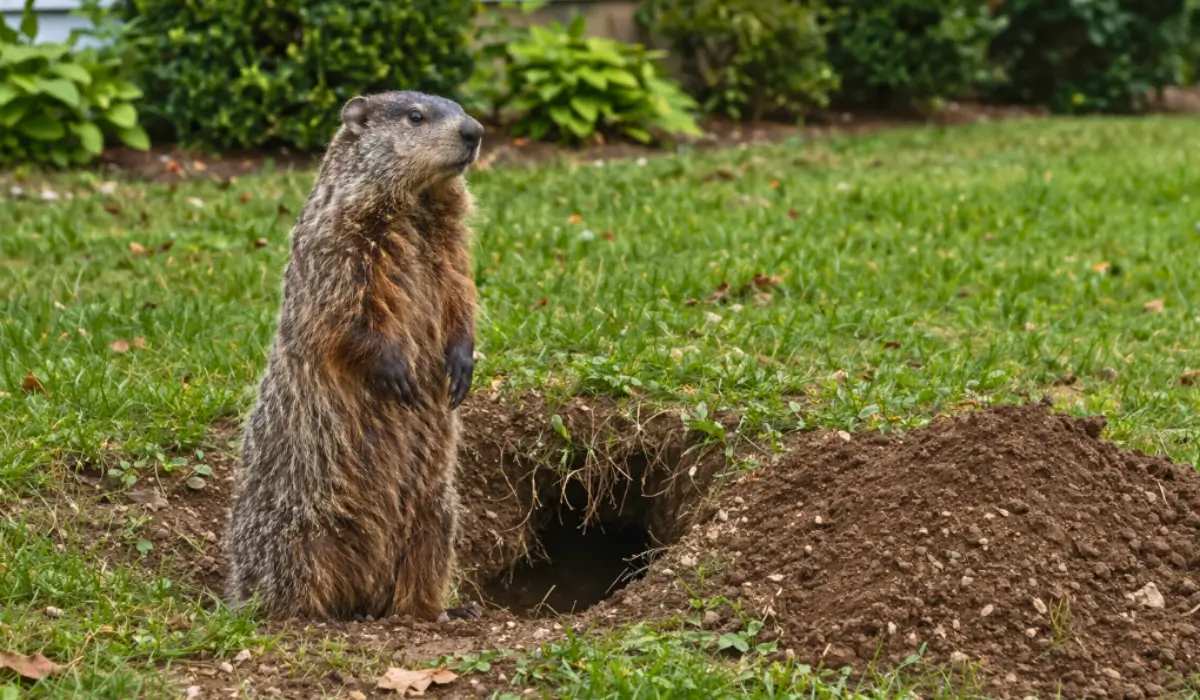 Groundhog removal showing animal near burrow with dirt pile indicating active yard damage and underground tunneling.