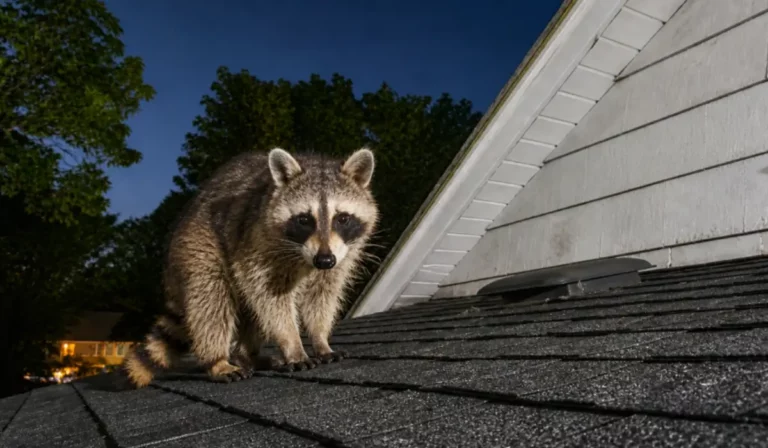 Raccoons Out of Your Attic raccoon standing on roof at night near vent searching for entry