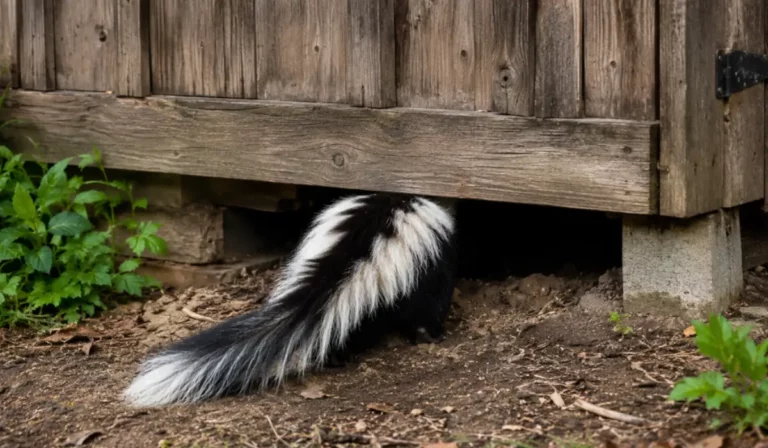 A skunk under the shed entered wooden backyard structure through exposed den opening beside foundation soil.
