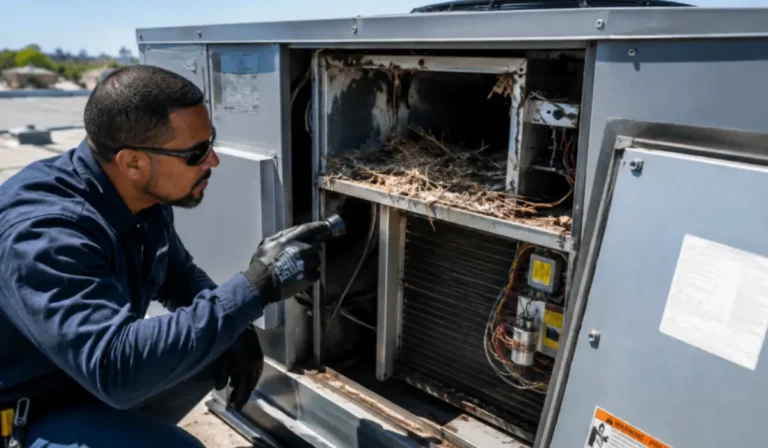 Wildlife damage inside the rooftop HVAC system creating blocked airflow, wiring risks, and seasonal commercial cooling problems.