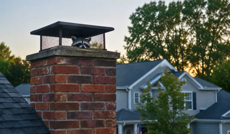 Hearing Noises in Your Chimney caused by raccoon hiding inside residential brick chimney during summer evening.