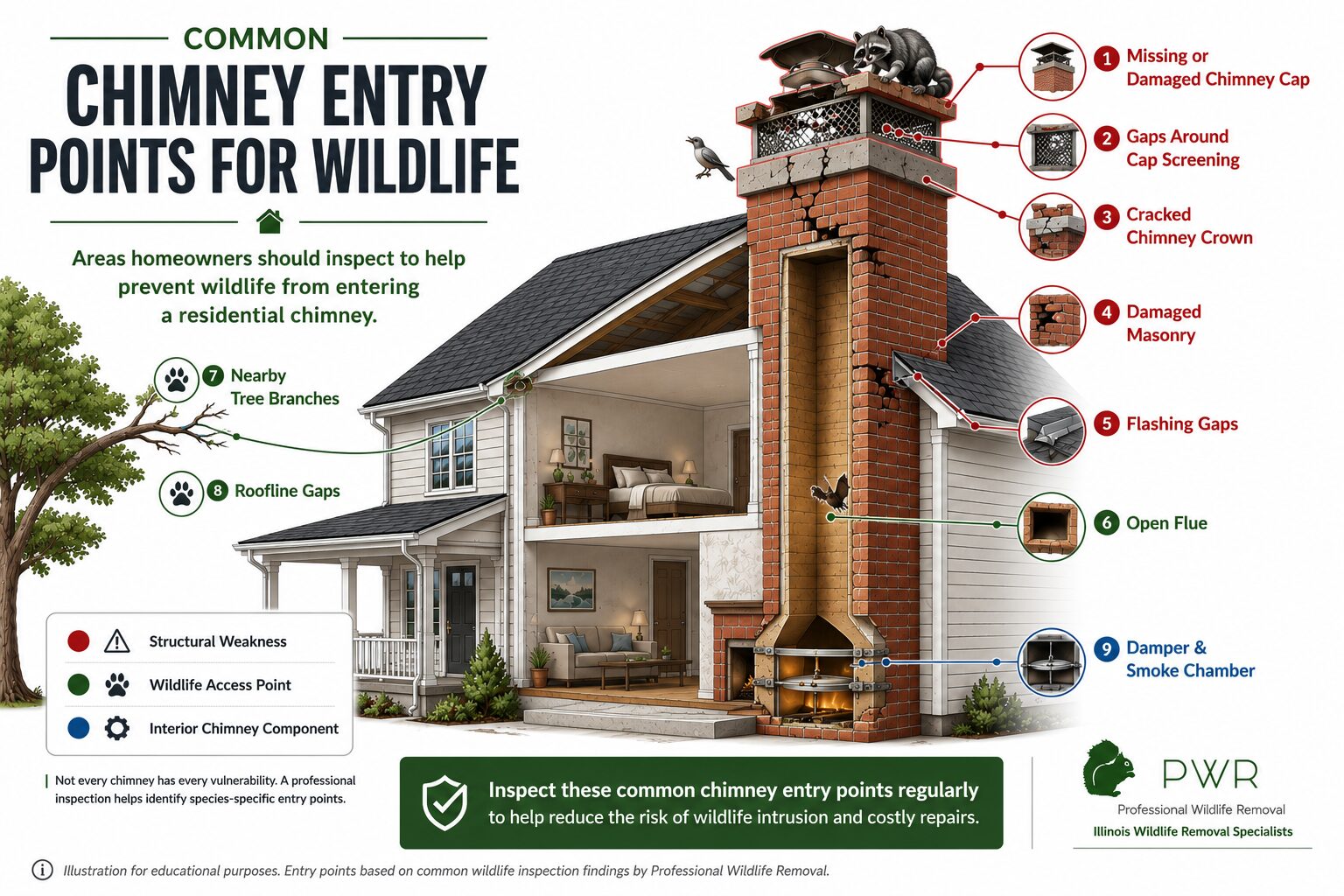 Infographic showing common chimney entry points wildlife use to enter a residential chimney, helping explain why homeowners may be hearing noises in your chimney.