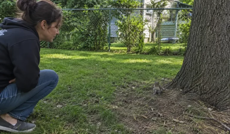 How to Handle Baby Wildlife by observing baby squirrel safely near tree without direct human interaction outdoors.