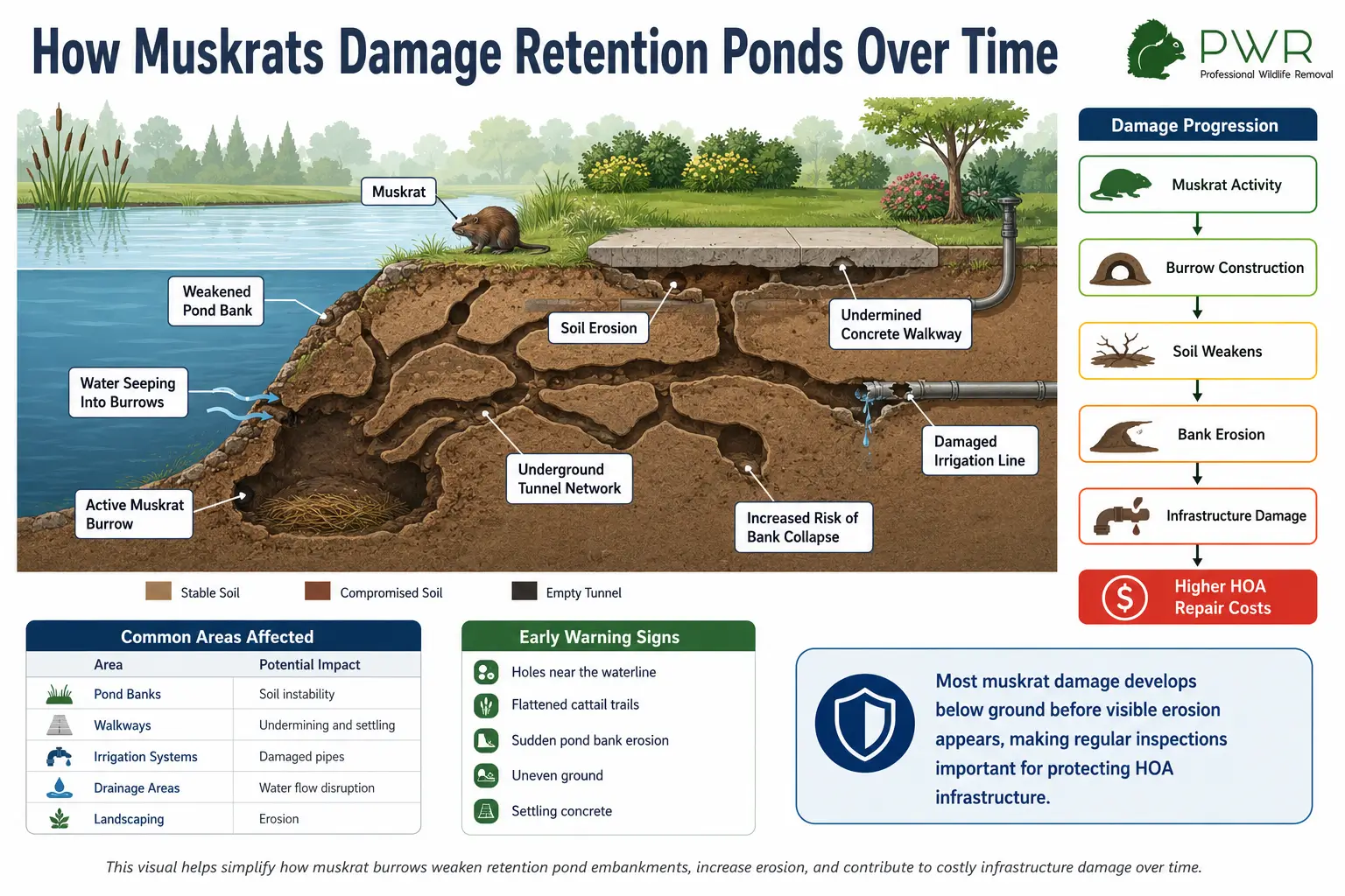Cross-section diagram illustrating muskrat removal service tunnels causing pond erosion, walkway instability, irrigation damage, threatening HOAs