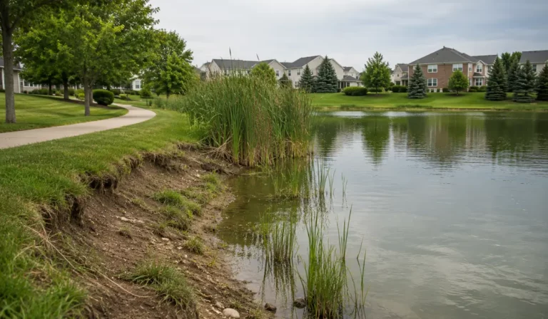 Muskrat removal service showing eroded HOA retention pond shoreline with burrow activity threatening community infrastructure stability.