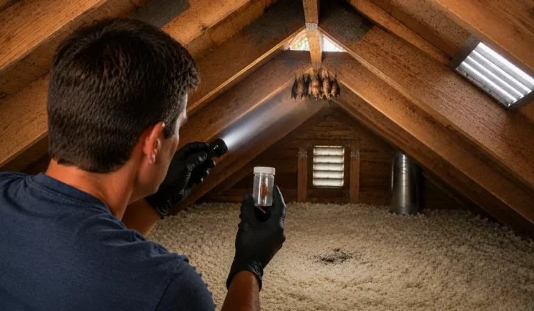 Homeowner inspecting an attic after finding a bat bug, where summer bat colonies are roosting near the roof peak inside the home.
