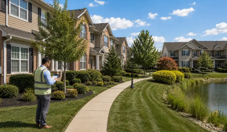 Property manager inspecting a summer HOA community with townhomes, landscaped common areas, and a retention pond to identify summer wildlife threats before property damage occurs.