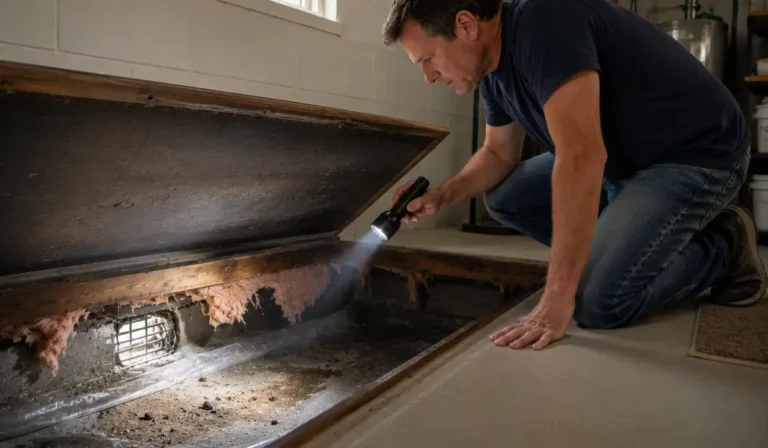 Homeowner inspecting an open crawlspace with a flashlight after noticing a wildlife odor in the crawlspace, revealing damaged insulation, droppings, and a foundation vent.
