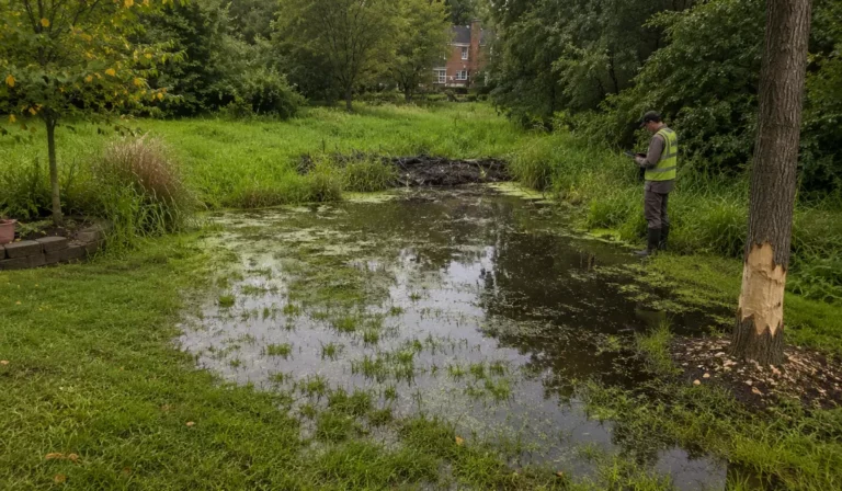 Wildlife inspector examining a flooded backyard near a creek with beaver dam activity and tree damage showing signs of beavers and backyard flooding.
