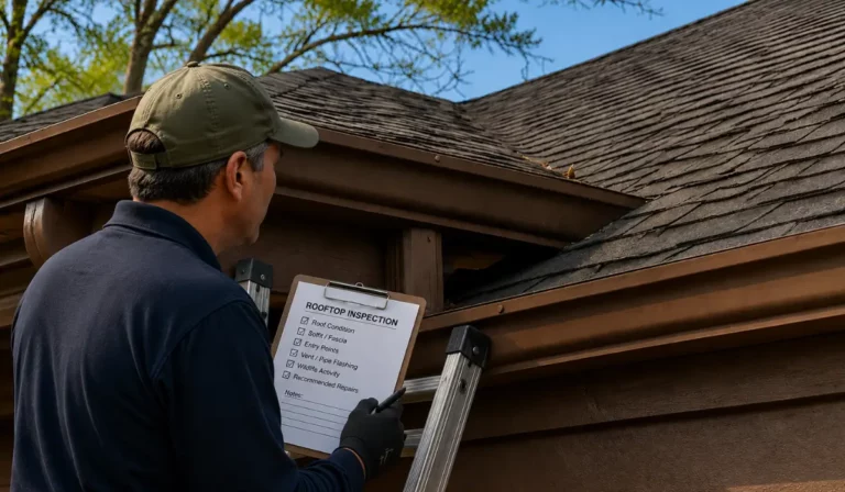 Wildlife inspector examining a roof entry point during a Property Wildlife-Proof for Fall inspection to identify potential wildlife access before the fall season.