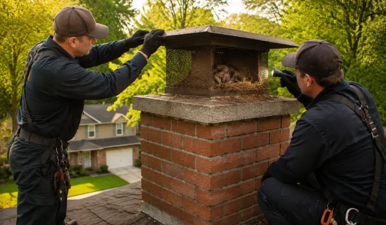 Wildlife technicians inspect a residential chimney with nesting material from possible squirrel babies in the chimney during late summer.